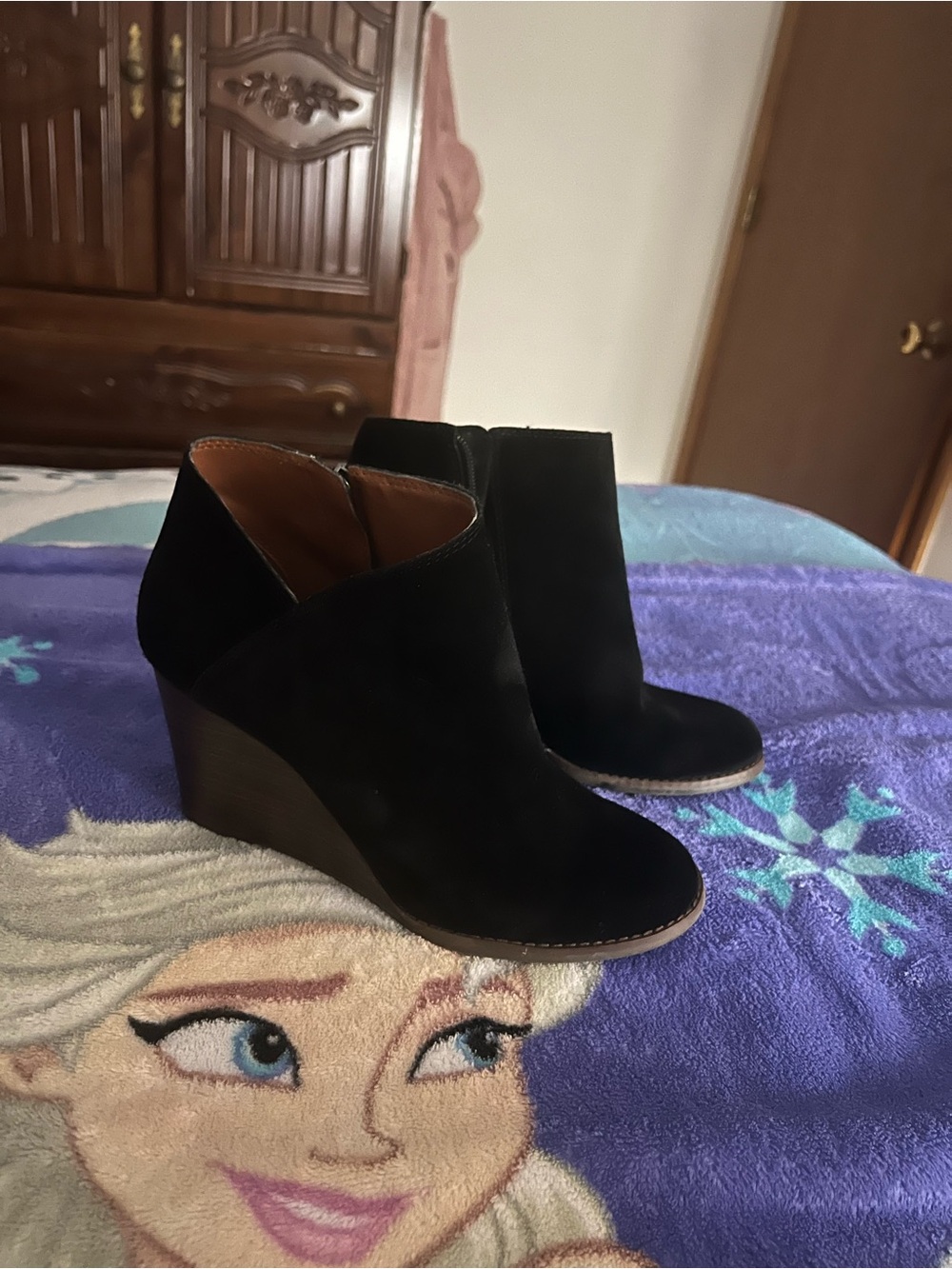 Lucky Brand Black Suede Wedge Booties